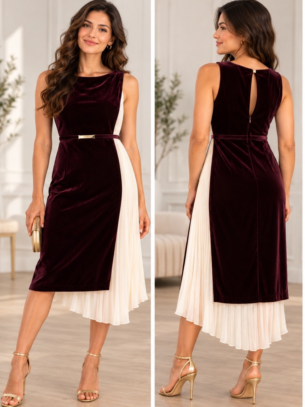 Rachel Roy Burgundy Velvet Midi Dress with Ivory Pleated Panel & Belt – Size 6